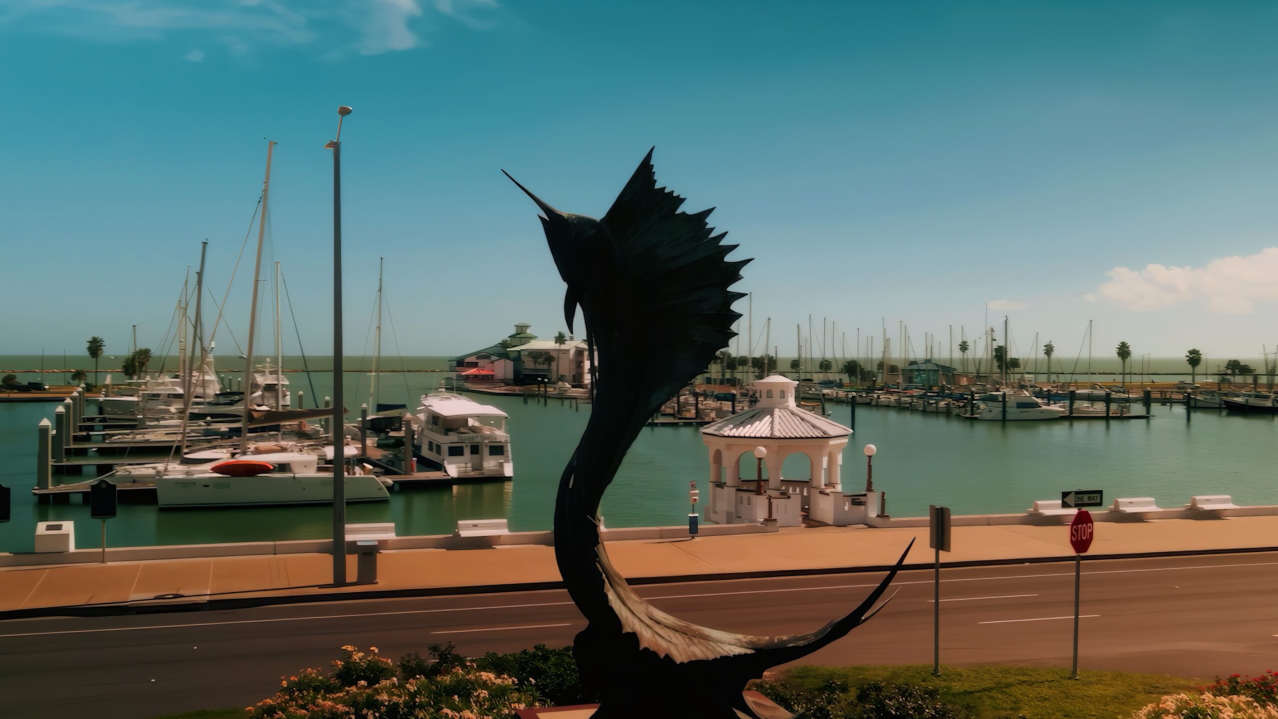 Sailfish statue overlooking marina with yachts and boats.
