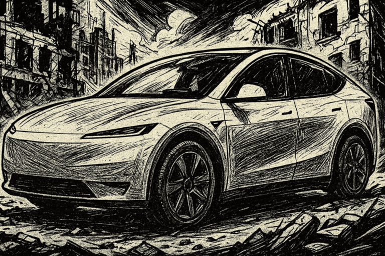 Sketch-style illustration of a futuristic Tesla car parked in a crumbling cityscape, drawn in dramatic black ink with strong contrast and comic-book texture.