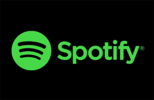 Spotify logo, green text and icon on black.