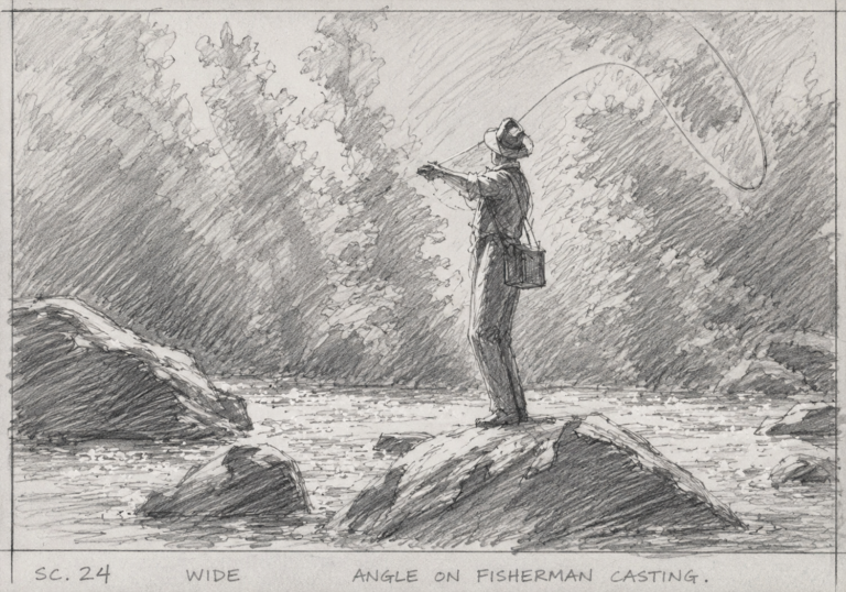 Fisherman casting line from river rocks