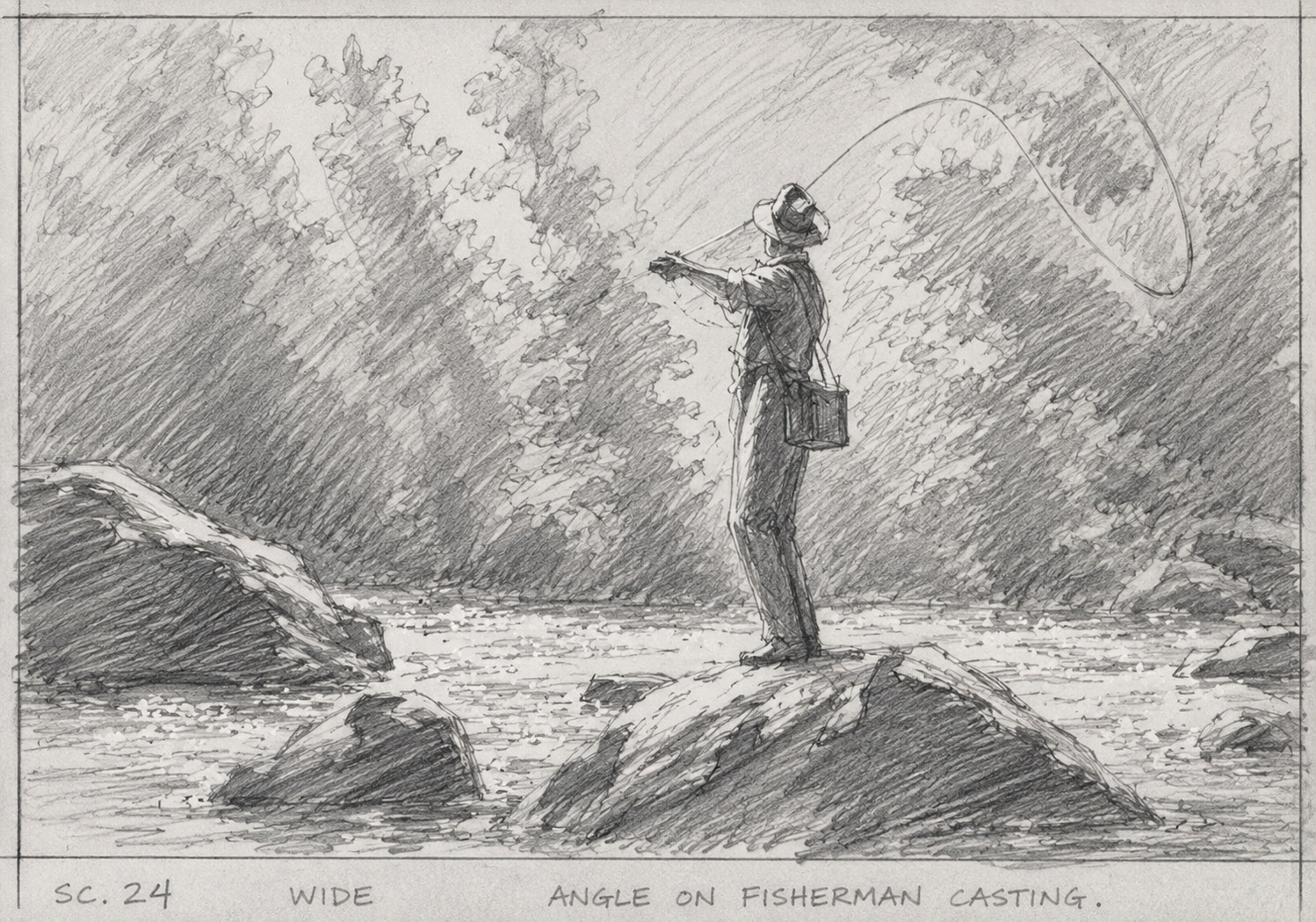 Fisherman casting line from river rocks